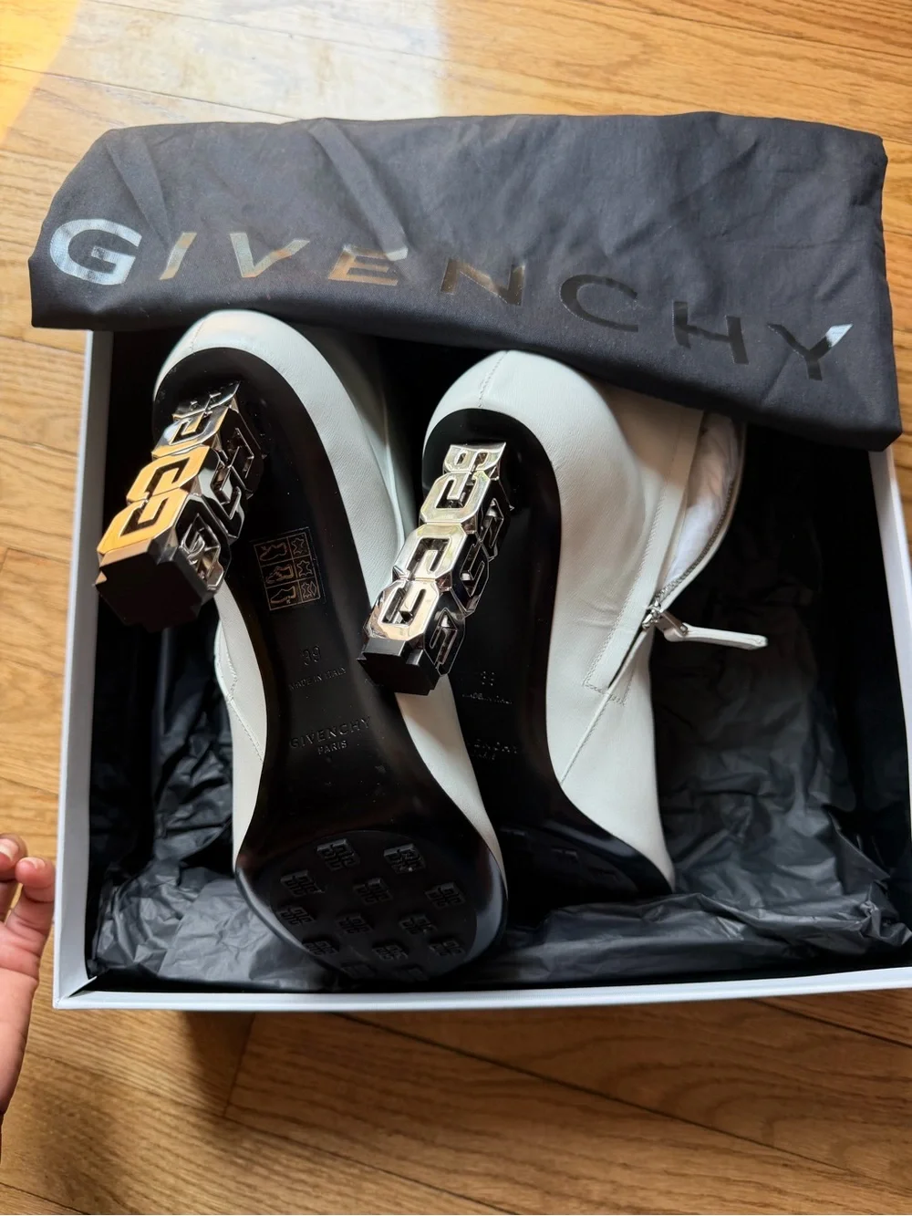 Givenchy White Leather Chain-Link Block Heel Booties